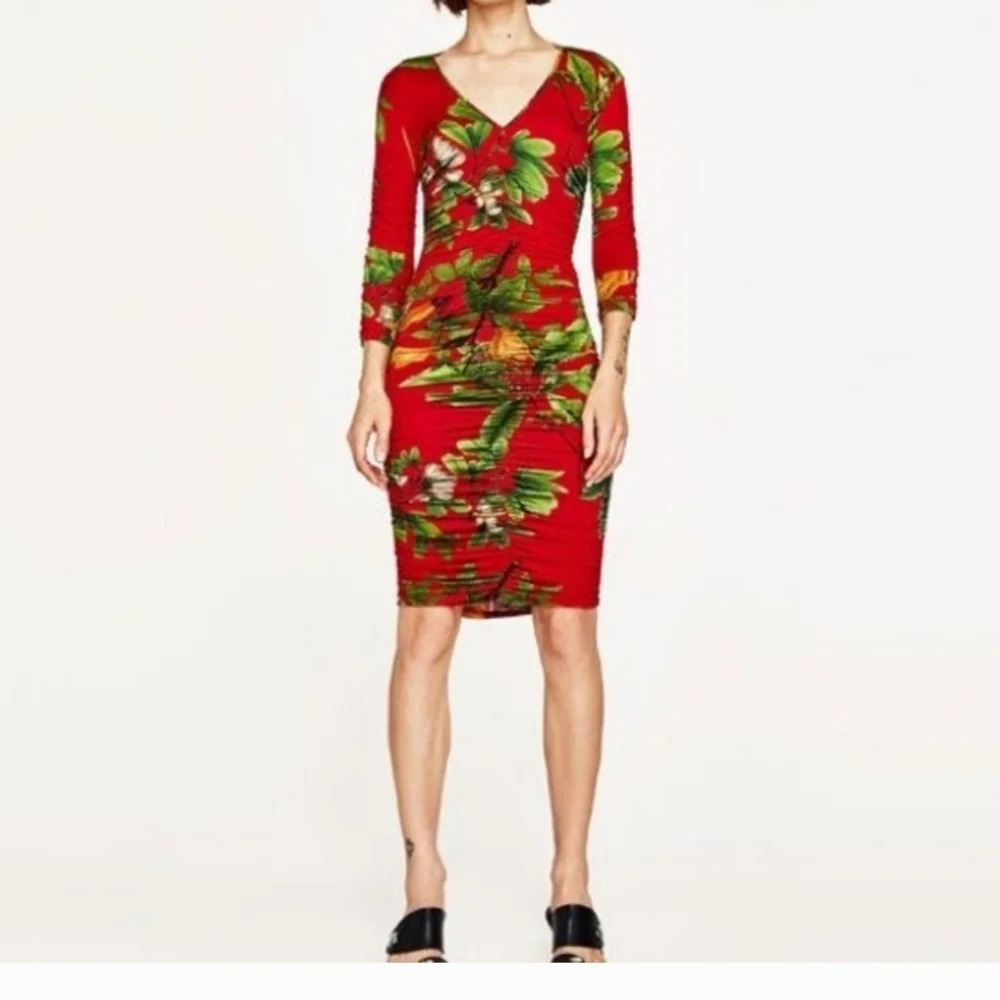 Zara Woman Plunge Ruching Tropical Draped Bodycon Dress sz XS